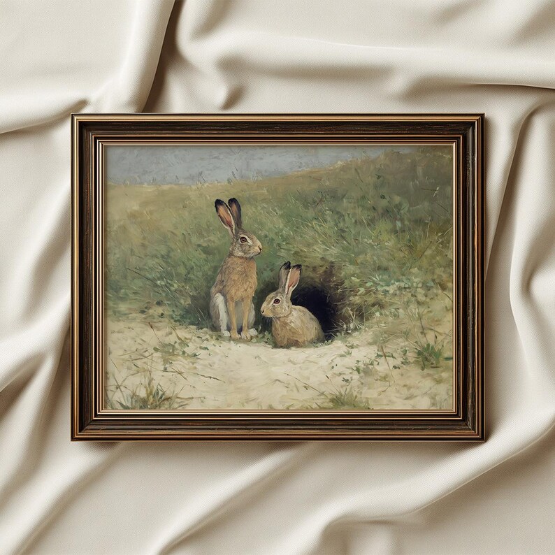 Bunny Artwork Print, Vintage Easter Rabbit Painting, Rabbit Printable ...