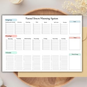 May include: A white planner with the text "Funnel Down Planning System" and sections for categorization, prioritization, and scheduling. The planner includes checkboxes and space for notes and a brain dump.