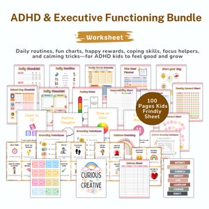 Puede incluir: Paquete de trabajo de TDAH y funcionamiento ejecutivo. Incluye rutinas diarias, gráficos divertidos y habilidades de afrontamiento. La imagen muestra una colección de hojas imprimibles con diseños coloridos y texto, incluyendo "Daily Checklist".