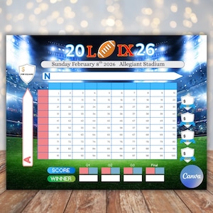 May include: A football-themed game board with a stadium backdrop. The board has a grid of numbers, a section for scores, and the text "Sunday February 8th 2026 Allegiant Stadium". The design includes a football graphic and the Canva logo.