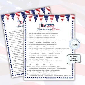 May include: Two sheets of USA 250 Anniversary Trivia featuring twelve multiple-choice questions about American history. The pages have red, white, and blue bunting borders with blue stars, and include a circular 2 Sizes badge and an Answer Sheet included label.