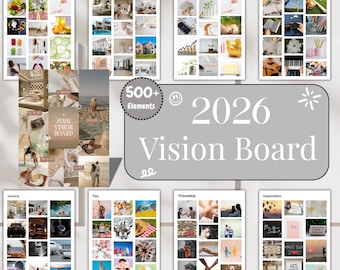 May include: A collection of vision board templates for 2026, featuring themes like health, home, finance, and hobbies. The boards are arranged with various images and text, including "500+ Elements" and "Vision Board".