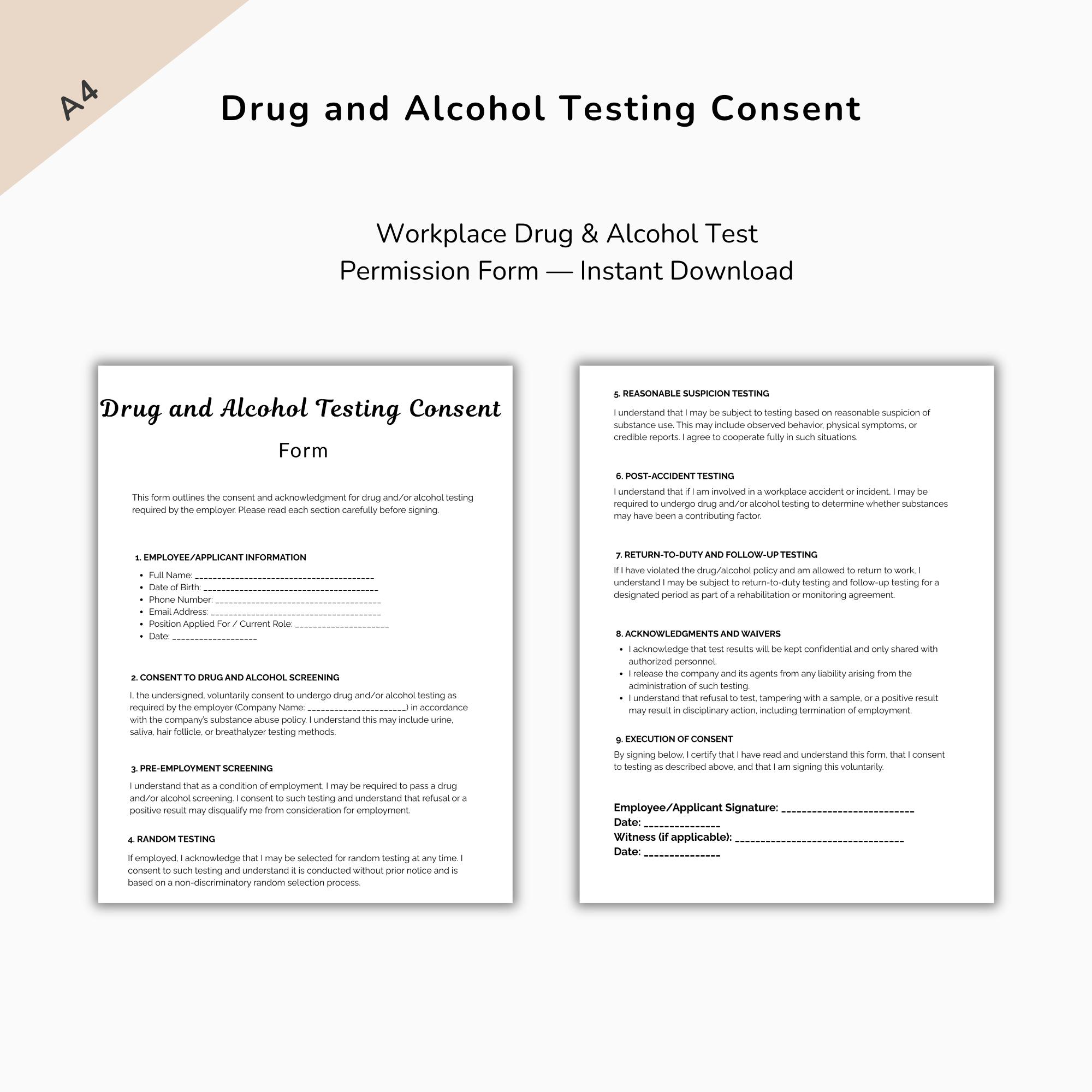 Drug and Alcohol Testing Consent Form Template, Testing Consent Forms ...