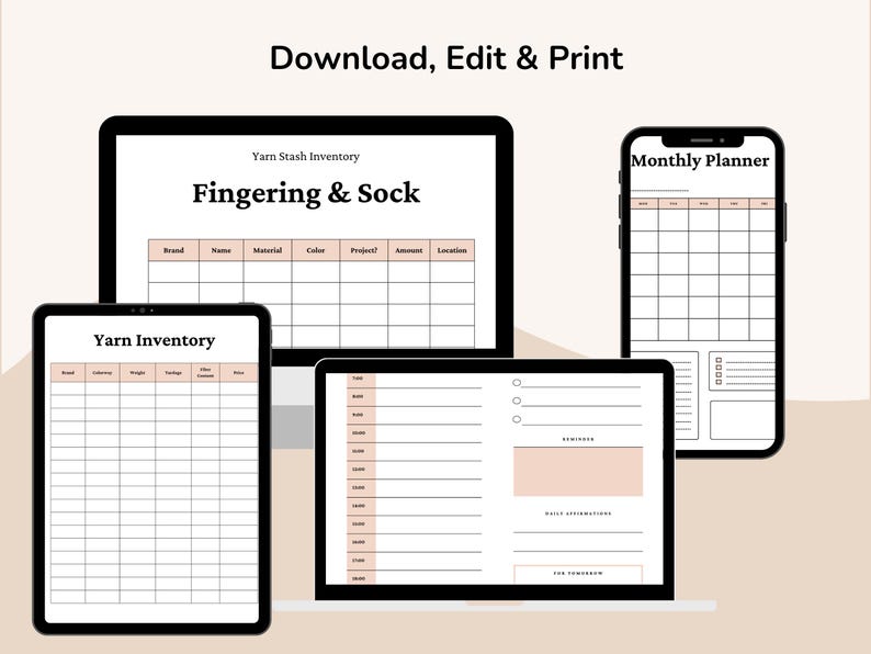 May include: Digital planner templates displayed on various devices. The image shows a laptop, tablet, and smartphone with planner layouts, including a yarn stash inventory and a monthly planner. The text "Download, Edit & Print" is at the top.