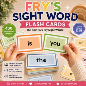 May include: A set of Fry's Sight Word flash cards featuring colourful borders and black text. The cards display words like is, you, and the. The set includes 400 essential words, is colour coded by set, and is designed for educational use.
