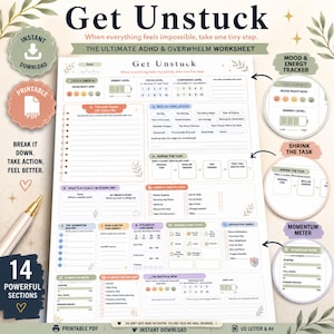 May include: A printable ADHD and overwhelm worksheet titled Get Unstuck with 14 sections including a mood tracker, energy level scale, task shrinking guide, and momentum meter. The document features checkboxes, rating scales, and prompts for task management.