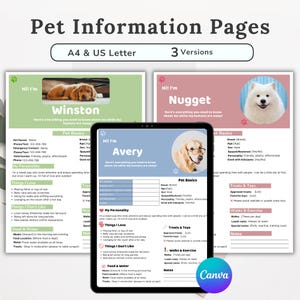 Pet Information Pages Printable, Dog Sitter Daycare Instructions, Emergency Vet Treatment Sheet, Editable Canva Template, Animal Records