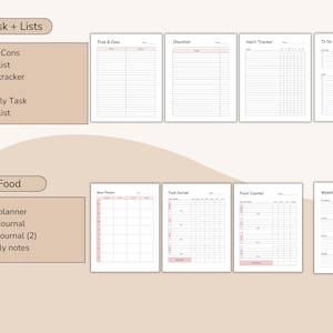 May include: A collection of printable planner pages with headings like "Pros & Cons," "Checklist," and "Food Journal." The pages are white with pink accents and are organized under the categories "Task + Lists" and "Food."