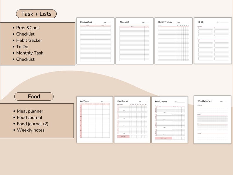 May include: A collection of printable planner pages with headings like "Pros & Cons," "Checklist," and "Food Journal." The pages are white with pink accents and are organized under the categories "Task + Lists" and "Food."