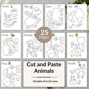 25 Fun Animal Cut And Paste Kids Activity, DIY Animal Crafts Activities, Animal Cut-Outs, Printable