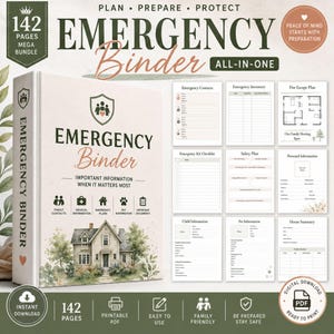 Peut inclure: Un classeur d'urgence tout-en-un de 142 pages, avec une couverture blanche illustrée d'une maison, une icône de bouclier et du texte incluant Emergency Binder, Important Information When It Matters Most, et divers modèles de planification.