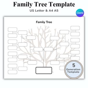 May include: A white family tree template with a tree graphic in the background. The template includes rectangular boxes for names and a circular badge that says "5 Generation Template". The text "Family Tree Template" is at the top.