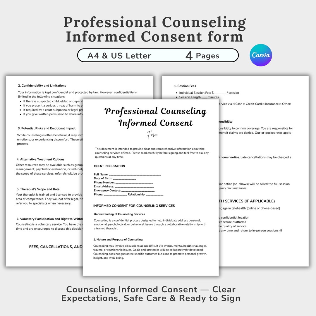 Professional Counseling Informed Consent Form, Therapy Consent Form ...
