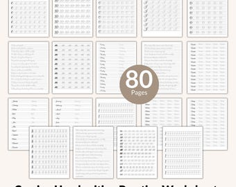 Puede incluir: Un conjunto de 80 hojas de trabajo para practicar la escritura cursiva. Las páginas presentan ejercicios de formación de letras, práctica de palabras y escritura de frases. Disponibles en tamaños A4, A5, US letter y Happy Classic.