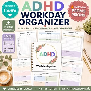 Op de afbeelding: Een digitale ADHD Workday Organizer planner set met diverse sjablonen zoals een dagelijks werkschema, takenlijst, tijdsplanner, focus-tracker, projectplanner en notities voor vergaderingen. Inclusief A4 en US Letter formaten.