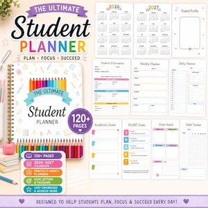 May include: A spiral-bound student planner with a white cover featuring colourful pencil illustrations and the text The Ultimate Student Planner. Includes 120+ pages with 2026-2027 calendars, student information, weekly and daily planners, goal trackers, and habit logs.