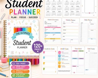 May include: A spiral-bound student planner with a white cover featuring colorful pencil illustrations and the text The Ultimate Student Planner. Includes 120+ pages with 2026-2027 calendars, student information, weekly and daily planners, goal trackers, and habit logs.