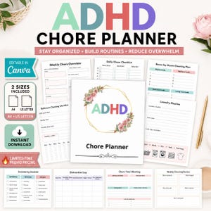 May include: An ADHD chore planner set featuring multiple printable pages including a weekly chore overview, daily checklist, room-by-room cleaning plan, laundry routine, decluttering checklist, distraction log, time-blocking, and weekly review.
