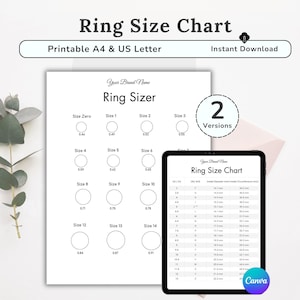 May include: A digital ring size chart and sizer tool featuring the text Ring Size Chart, Printable A4 & US Letter, Instant Download, 2 Versions, and Your Brand Name. The document displays various circle sizes with numerical labels and a conversion table.