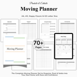 May include: A collection of printable moving planner pages, including address info, contact lists, and to-do lists. The planner is available in A4, A5, Happy Classic, and US Letter sizes. The image also shows a tablet with a "Brain Dump" page. The set includes 70+ pages.