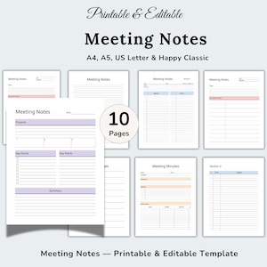 Puede incluir: Un conjunto de plantillas de notas de reunión imprimibles y editables. Las plantillas incluyen secciones para el propósito, los puntos clave y los resúmenes. El diseño incluye una variedad de diseños, con un total de 10 páginas disponibles en tamaños A4, A5, US Letter y Happy Classic.