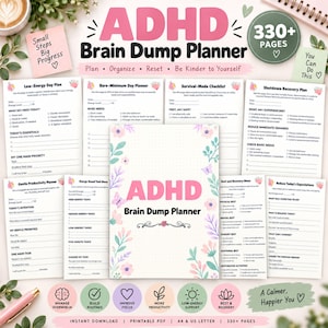 Könnte beinhalten: Ein ADHD Brain Dump Planer mit über 330 Seiten, bestehend aus einem zentralen Deckblatt mit Blumenillustrationen und verschiedenen internen Planungsseiten wie Low-Energy Day, Survival-Mode und Shutdown Recovery Plänen.