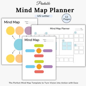 Könnte beinhalten: Eine Reihe von druckbaren Mindmap-Planern mit verschiedenen farbigen Diagrammen. Der Titel "Mind Map Planner" wird oben angezeigt, zusammen mit "US Letter" und "12 Pages". Der Text "Mind Map" ist auf den einzelnen Seiten sichtbar. Der Text unten lautet "The Perfect Mind Map Template to Turn Vision into Action with Ease."