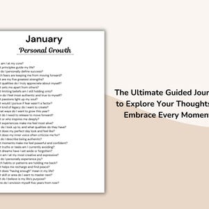 May include: A white journal page with the title "January Personal Growth" and a list of questions. The text "The Ultimate Guided Journal to Explore Your Thoughts & Embrace Every Moment" is on the right.