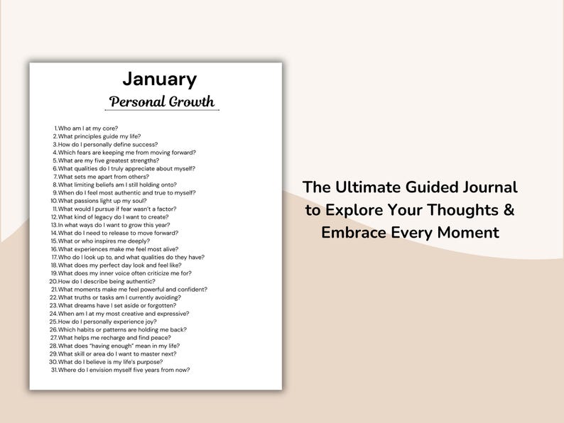 May include: A white journal page with the title "January Personal Growth" and a list of questions. The text "The Ultimate Guided Journal to Explore Your Thoughts & Embrace Every Moment" is on the right.