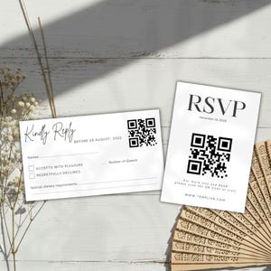 May include: Two white RSVP cards with black text and QR codes. One card reads "Kindly Reply" with fill-in fields and a deadline. The other says "RSVP" with a date and instructions to scan a QR code.