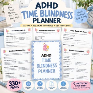Peut inclure: Un planificateur numérique ADHD Time Blindness de plus de 330 pages, incluant des PDF imprimables et des modèles Canva modifiables aux formats US Letter et A4. Il contient des sections pour les besoins de base, les menus de tâches et la récupération.