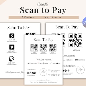 Puede incluir: Tres plantillas de carteles de pago digital en blanco con texto negro y códigos QR. Los diseños incluyen el encabezado Scan to Pay, iconos de plataformas de pago para CashApp, Venmo y PayPal, iconos de redes sociales y espacios para logotipos y sitios web.