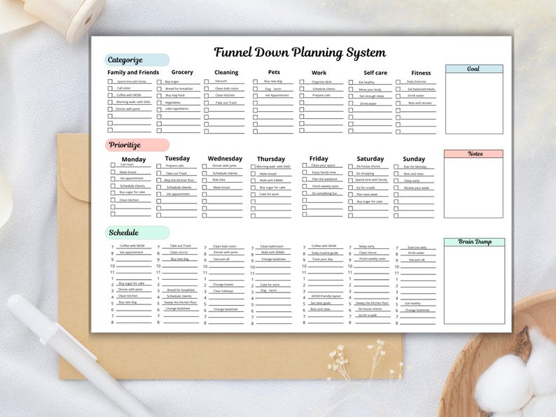May include: A white planner titled "Funnel Down Planning System" with sections for categorization, prioritization, and scheduling. The planner includes checkboxes for tasks related to family, grocery, cleaning, pets, work, self-care, and fitness. A pen and envelope are in the background.