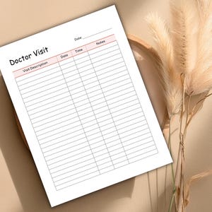 May include: A white Doctor Visit notepad with pink accents, featuring sections for visit description, date, time, and notes. The notepad is positioned on a neutral-toned surface, with dried ornamental grass in the background.