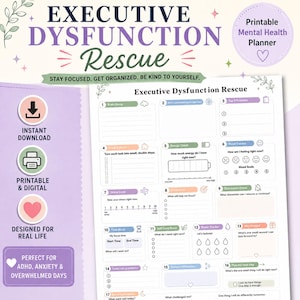 May include: A printable mental health planner titled Executive Dysfunction Rescue featuring sixteen numbered sections for daily tasks, mood tracking, energy levels, and self-care. The document uses a pastel color palette with icons.