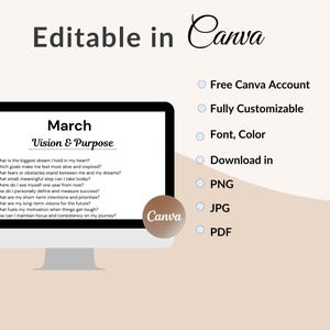May include: A computer monitor displays a "March Vision & Purpose" template, with questions for self-reflection. The image includes the text "Editable in Canva" and options for customization, including file formats like PNG and JPG.