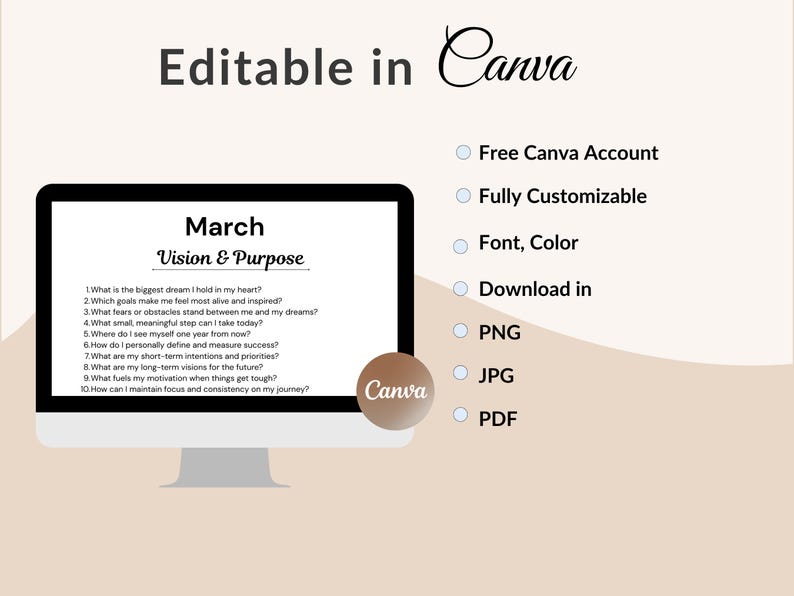 May include: A computer monitor displays a "March Vision & Purpose" template, with questions for self-reflection. The image includes the text "Editable in Canva" and options for customization, including file formats like PNG and JPG.