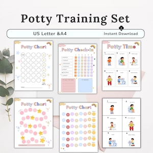 May include: A potty training set with charts and guides. The set includes charts with star and circle designs, a potty check-in chart, and a potty time guide with illustrations. The text "Potty Training Set" and "Instant Download" are displayed.