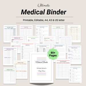 Puede incluir: Un conjunto de páginas imprimibles para una carpeta médica, que incluye rastreadores de medicamentos, síntomas y visitas al médico. La carpeta está diseñada para tamaños A4, A5 y US letter. La portada muestra "Medical Binder" y "This Binder Belong To:". Más de 80 páginas.