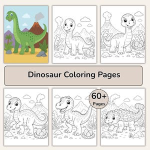Dinosaur Coloring Pages For Kids, Dinosaur Party Favors PDF, 60 Dino Coloring Activity Sheets, Kawaii Theme Dinosaur Book, Preschool