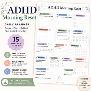 May include: An ADHD Morning Reset daily planner sheet featuring 15 sections including a brain dump, habit tracker, water tracker, and mood tracker. The white page has colorful headers and icons for focus, planning, and reflection, with text in English.