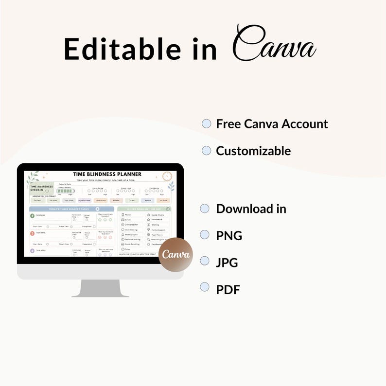 May include: A digital Time Blindness Planner displayed on a computer monitor, featuring sections for daily tasks and time awareness. The text includes 'Editable in Canva', 'Free Canva Account', 'Customizable', and 'Download in PNG, JPG, PDF'.