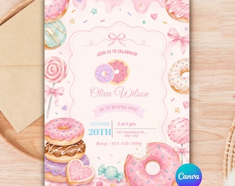 Donut Birthday Invitation Canva Template, Sweet One 1st Birthday Girl Invite, Donut Invites, Siblings Party Invitation, Donut Candy