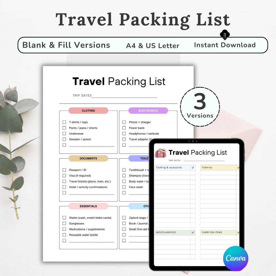 Travel Essential List.pdf Printable Travel Packing List, Travel Essentials Checklist, Travel ...