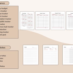 May include: A collection of printable finance and note-taking templates. The finance templates include weekly budget, income tracker, and expense tracker. The note templates include notes, lecture notes, and grid notes. The background is a light beige color.
