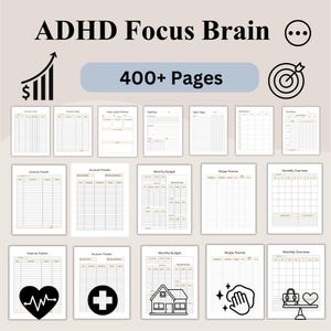 May include: ADHD Focus Brain planner with 400+ pages. The planner includes sections for expense tracking, account tracking, monthly budgets, recipe planning, and monthly overviews. The cover features the text "ADHD Focus Brain" and a target icon.