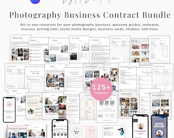 May include: A digital download bundle for photography businesses. The image shows templates for welcome guides, contracts, invoices, pricing lists, social media designs, business cards, and stickers. Mockups of phones and business cards are also included.