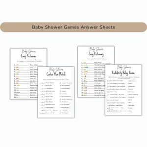 K&ouml;nnte beinhalten: Ein Satz Antwortb&ouml;gen f&uuml;r Babyparty-Spiele. Die Spiele umfassen Emoji Pictionary, Cartoon Mom Match, Song Pictionary und Celebrity Baby Name. Die Bl&auml;tter sind wei&szlig; mit schwarzem Text und einem beigen Banner.