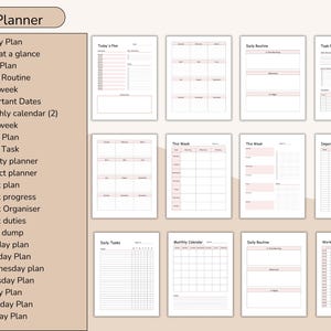 May include: A collection of planner pages with a minimalist design. The pages include sections for daily tasks, weekly overviews, and monthly calendars. The color scheme is primarily white and pink, with a clean and organized layout. The planner is designed to help with organization.