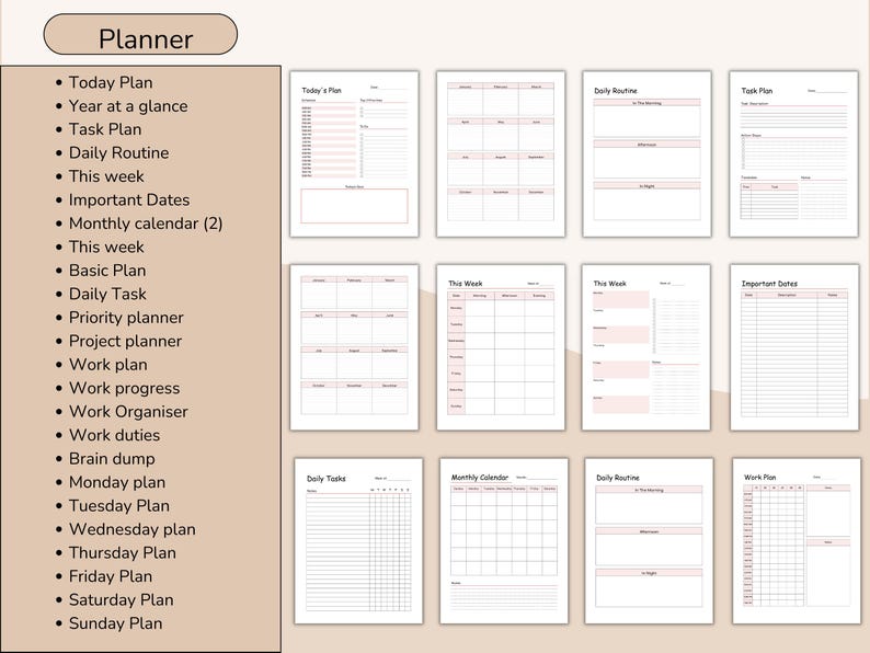 May include: A collection of planner pages with a minimalist design. The pages include sections for daily tasks, weekly overviews, and monthly calendars. The color scheme is primarily white and pink, with a clean and organized layout. The planner is designed to help with organization.